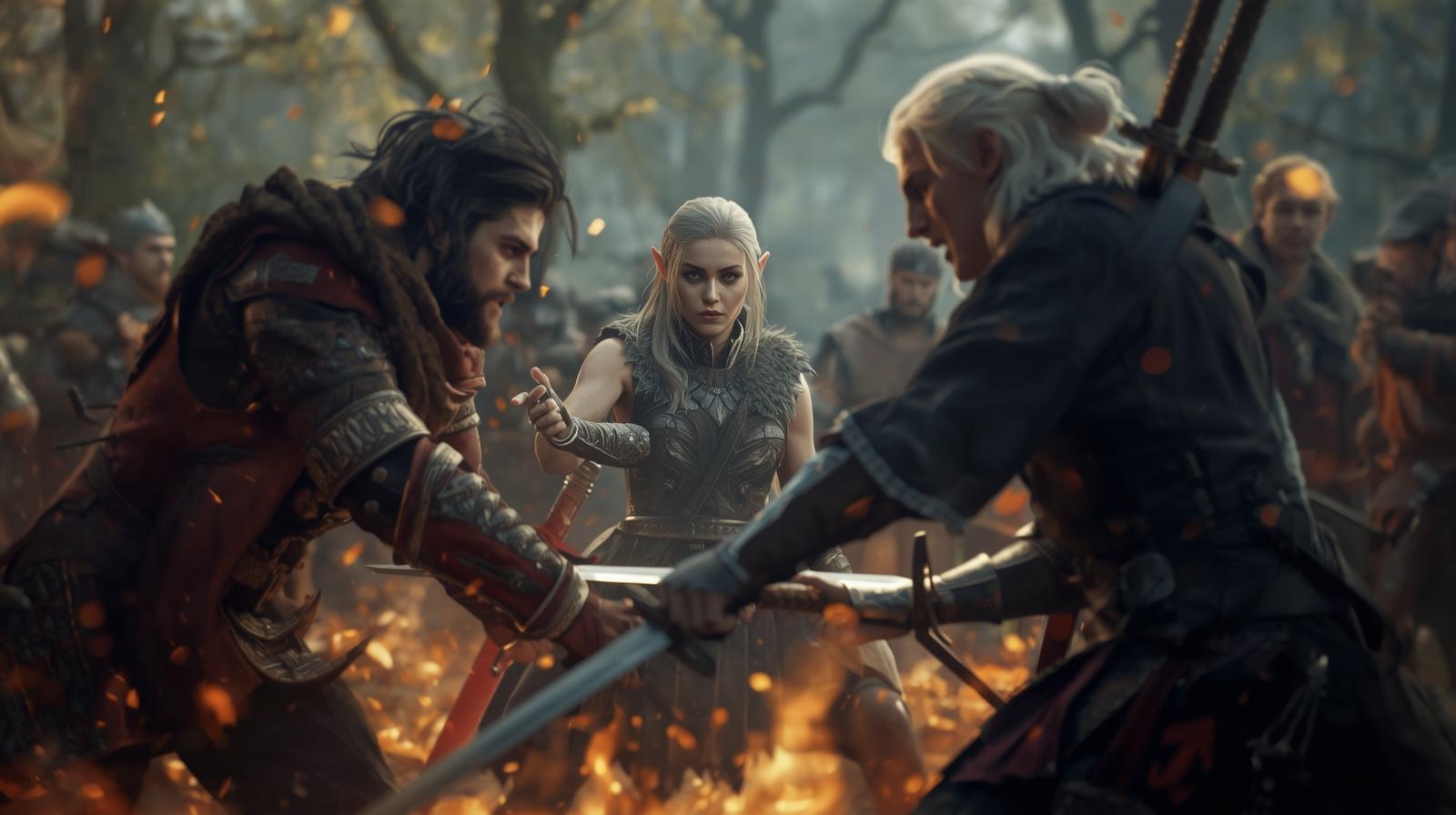 Concept art of our Heroes batteling it out in a dark forest